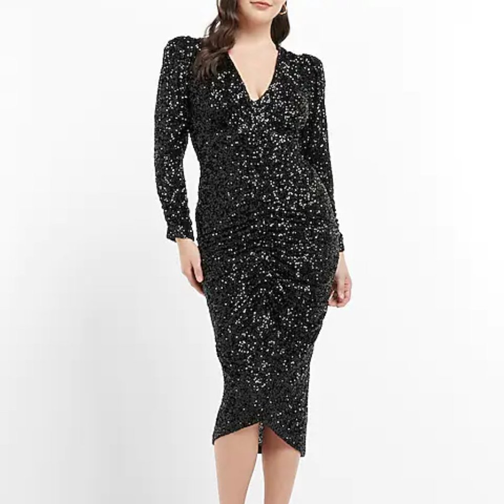 Black V Neck Sequin Dress